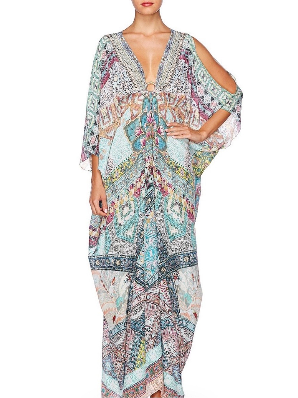 Camilla 100% Silk Split-Sleeve Kaftan Beachwear Resort Wear Maxi Dress One Size